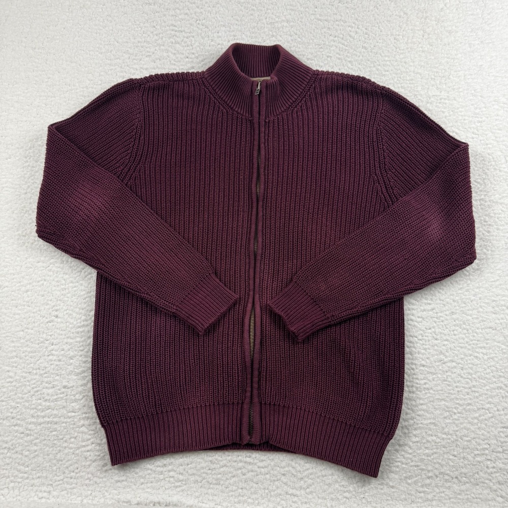 L.L. Bean Sweater Mens Large Burgundy Cotton Chunky Knit Mock Neck Full Zip